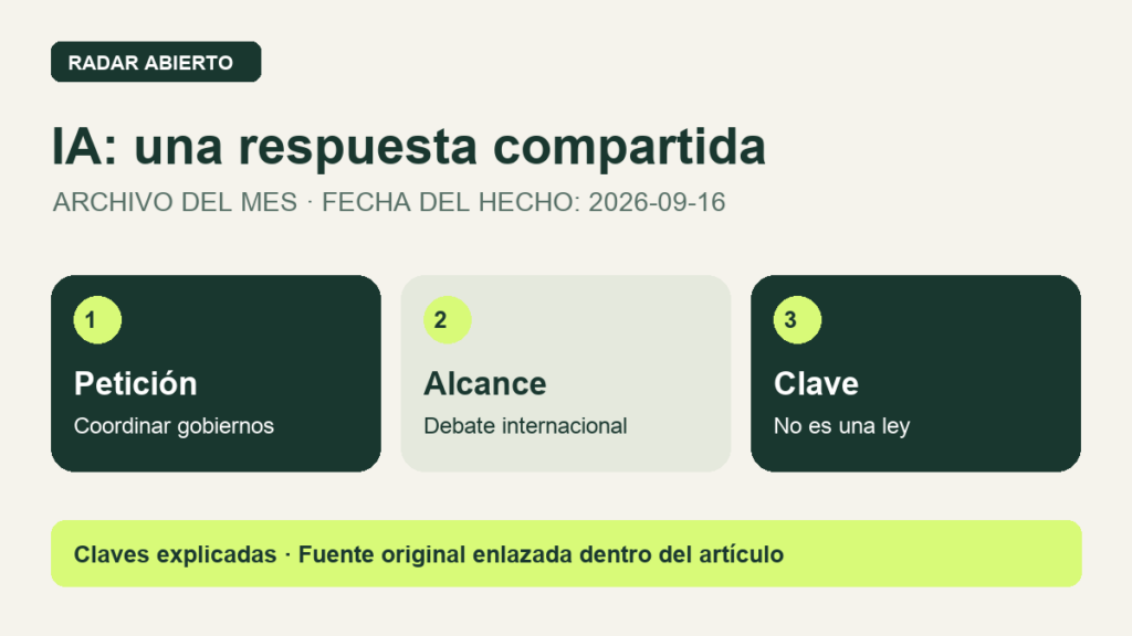 IA: una respuesta compartida. Petición: Coordinar gobiernos. Alcance: Debate internacional. Clave: No es una ley. Infografía editorial, no fotografía del suceso.