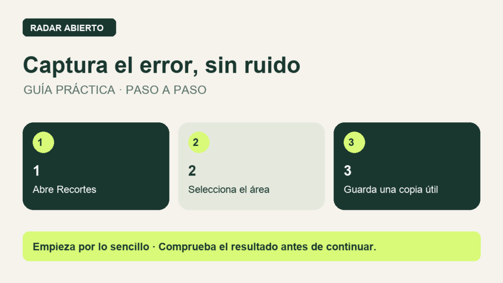 Captura el error, sin ruido. Abre Recortes. Selecciona el área. Guarda una copia útil