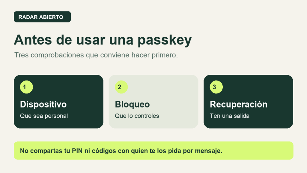 Tres comprobaciones antes de usar una llave de acceso: dispositivo personal, bloqueo y opciones de recuperación.