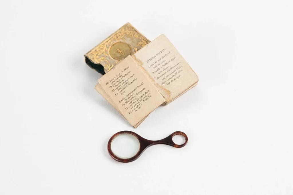 Libro en miniatura con lupa, como imagen de contexto sobre la ampliación del texto.