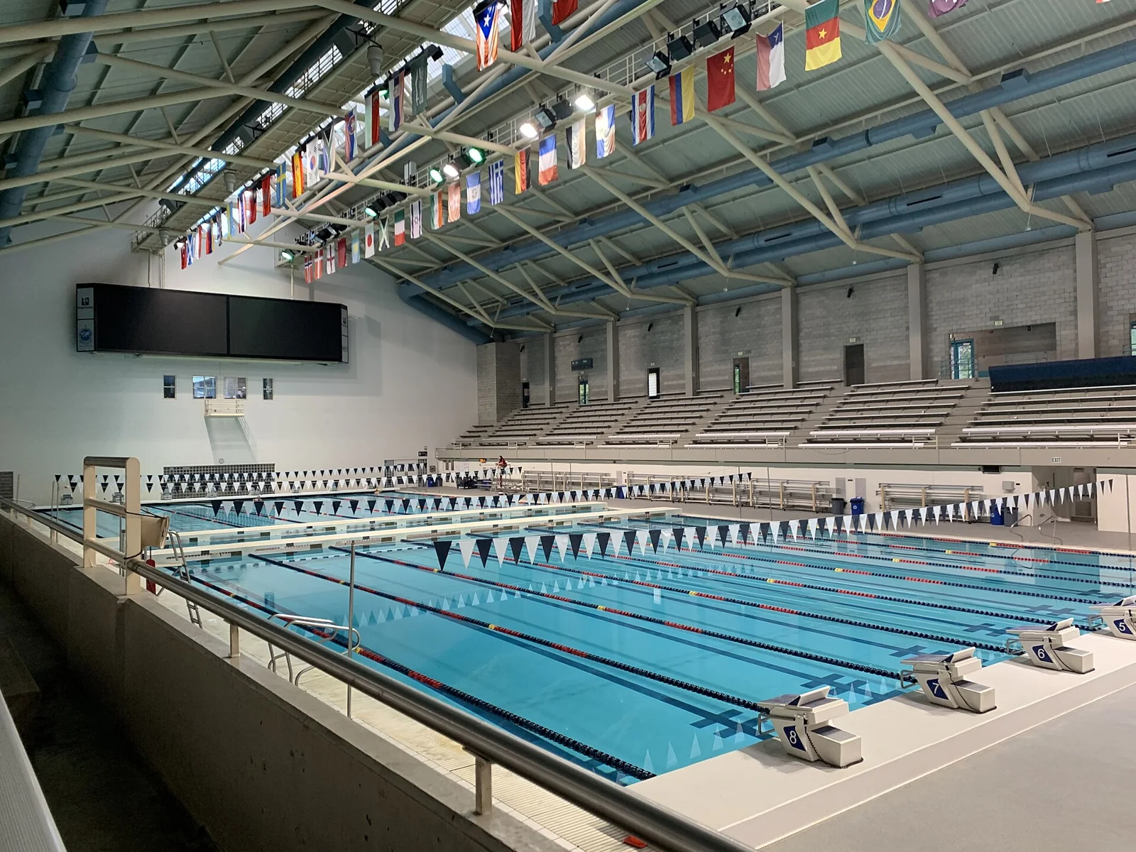 Piscina de competición con calles y sistema de cronometraje.