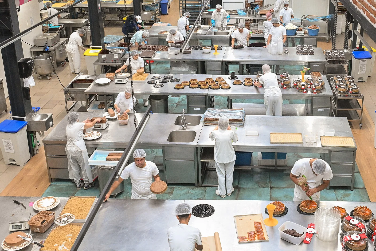 Línea de producción industrial de pasteles.
