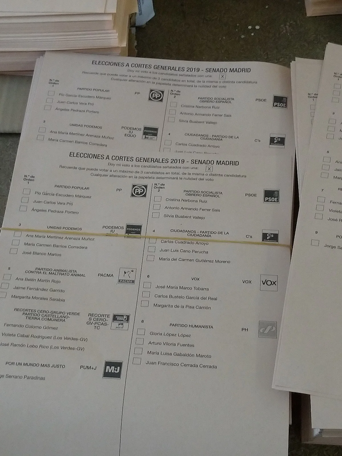 Papeleta electoral del Senado correspondiente a Madrid en 2019.