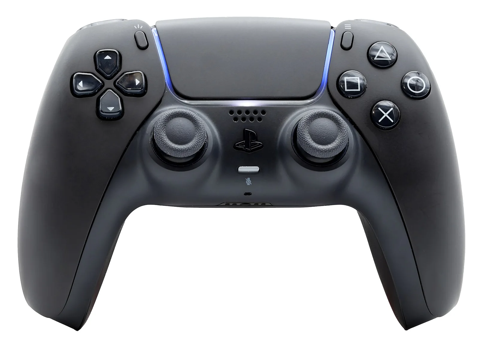 Mando PlayStation DualSense de color negro, vista frontal.